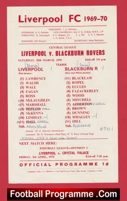 Liverpool v Blackburn Rovers 1970 - Reserves Match - football programme