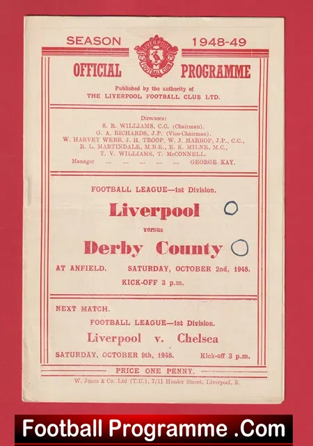 Liverpool v Derby County 1948 - 1940s Programmes