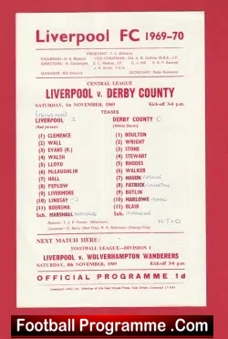 Liverpool v Derby County 1969 - Reserves Match - football programme