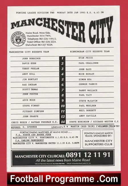 Manchester City v Birmingham City 1995 - Reserves Match
