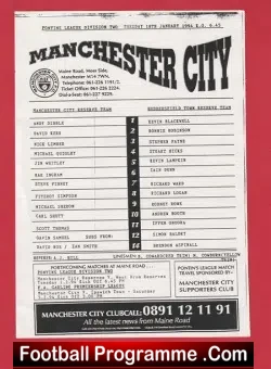 Manchester City v Huddersfield Town 1994 - Reserves Match - football programme