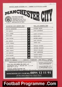 Manchester City v Hull City 1993 - Reserves Match - football programme