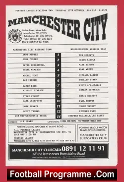 Manchester City v Midlesbrough 1994 - Reserves Match - football programme