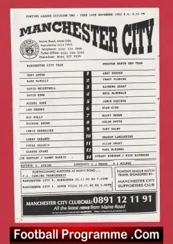 Manchester City v Preston 1995 - Reserves Match - football programme