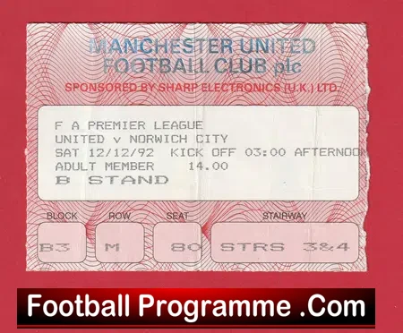 Manchester United v Norwich City 1992 - Match Ticket