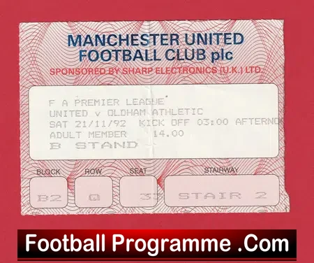 Manchester United v Oldham Athletic 1992 - Match Ticket