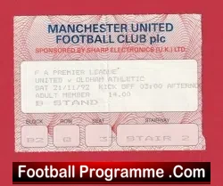 Manchester United v Oldham Athletic 1992 - Match Ticket - football memorabilia