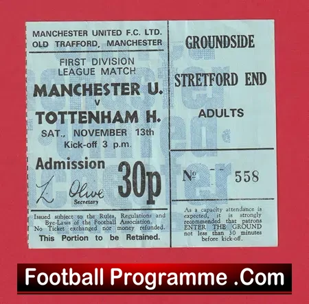 Manchester United v Tottenham 1971 - Football Match Ticket