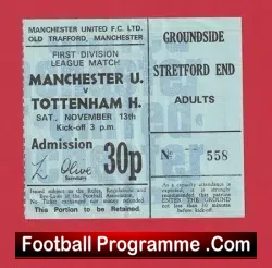 Manchester United v Tottenham 1971 - Football Match Ticket - football memorabilia