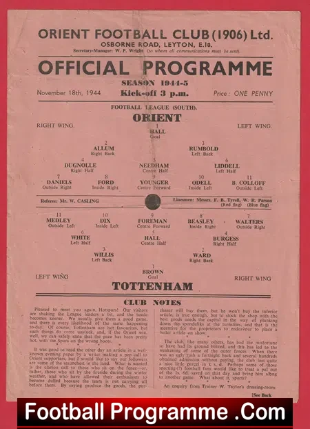 Orient v Tottenham 1944 – War Time Football Programme