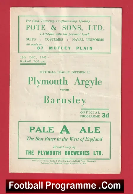 Plymouth Argyle v Barnsley 1948 – 1940’s Football Memorabilia