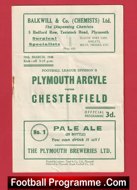 Plymouth Argyle v Chesterfield 1948 – 1940’s Programmes
