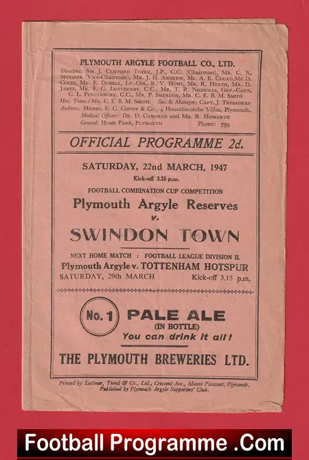 Plymouth Argyle v Swindon Town 1947 – Reserves Match 1940s
