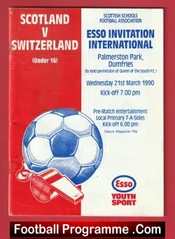 Scotland v Switzerland 1990 - Under 16 at Dumfries - football programme
