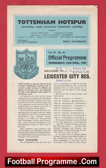 Tottenham Hotspur v Leicester City 1967 Reserves Match Cup Final