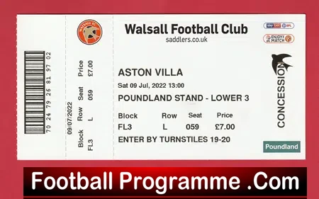 Walsall v Aston Villa 2022 – Pre Season Football Ticket