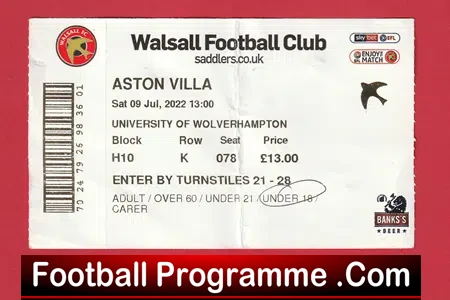 Walsall v Aston Villa 2022 – Pre Season Football Tickets