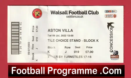 Walsall v Aston Villa 2022 – Pre Season Football Ticket