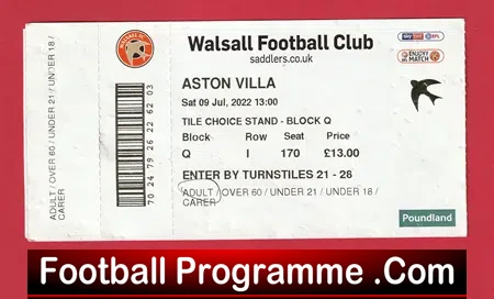 Walsall v Aston Villa 2022 – Pre Season Football Ticket