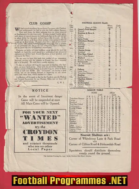 Crystal Palace v Chelsea 1945 - War Time Single Sheet Programme