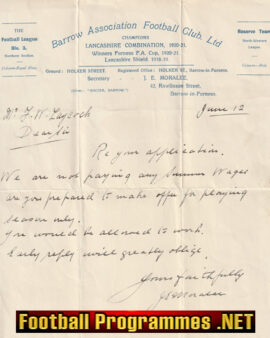 Barrow Football Club Official Letter to Fred Laycock 1920s
