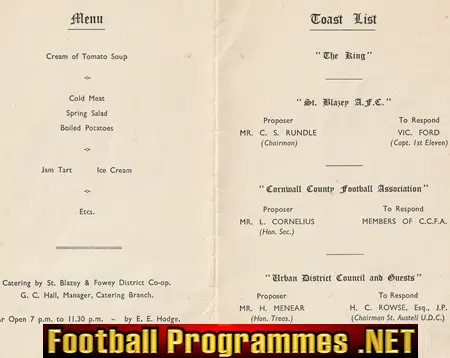 St Blazey Football Club Official Annual Dinner Menu 1950 SIGNED