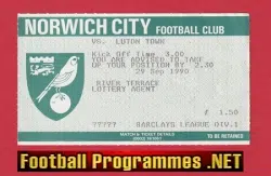 Norwich City v Luton Town 1990 - Football Match Ticket