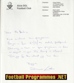 Alvis SGL Football Club Official Letter Signed