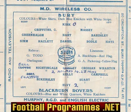 Bury v Blackburn Rovers 1952 - Signed Bill Eckersley Autograph
