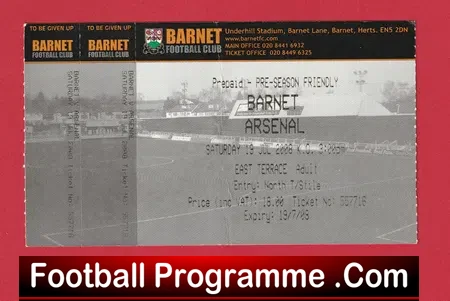 Barnet v Arsenal 2008 – Pre Season Friendly Match Ticket
