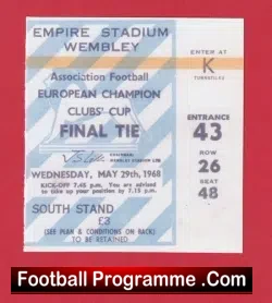 Benfica v Manchester United 1968 – European Cup Final Ticket Rep