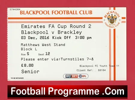 Blackpool v Manchester United 2016 – Match Ticket