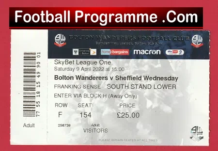 Bolton Wanderers v Sheffield Wednesday 2022 – Match Ticket