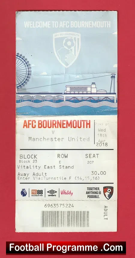 Bournemouth v Manchester United 2018 – Match Ticket