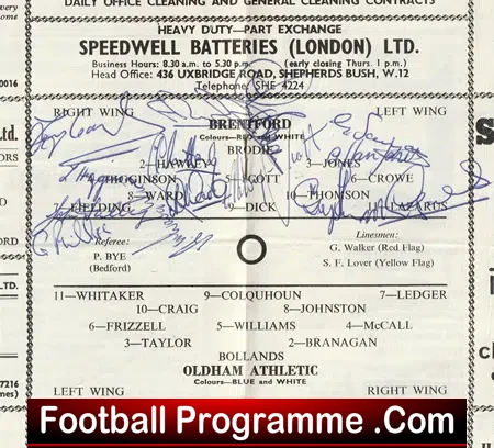 Brentford v Oldham Athletic 1964 - Multi Autographed SIGNED