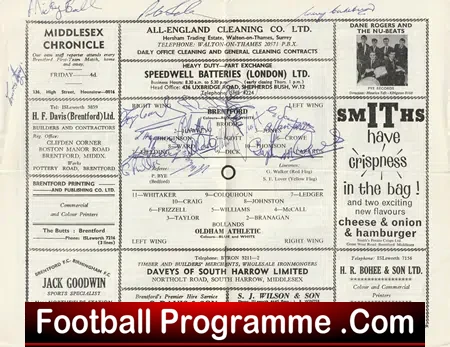 Brentford v Oldham Athletic 1964 - Multi Autographed SIGNED