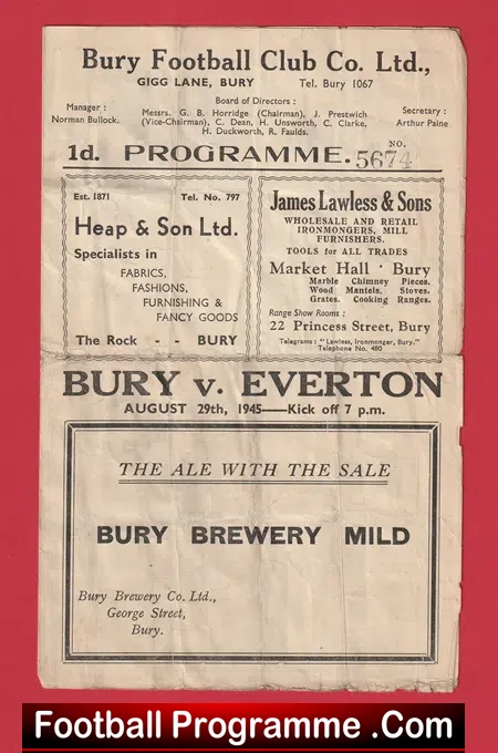 Bury v Everton 1945 – Old War Time Football Programme