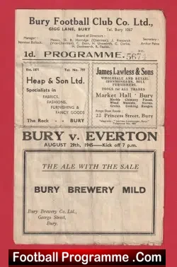 Bury v Everton 1945 - Old War Time Football Programme - football programme