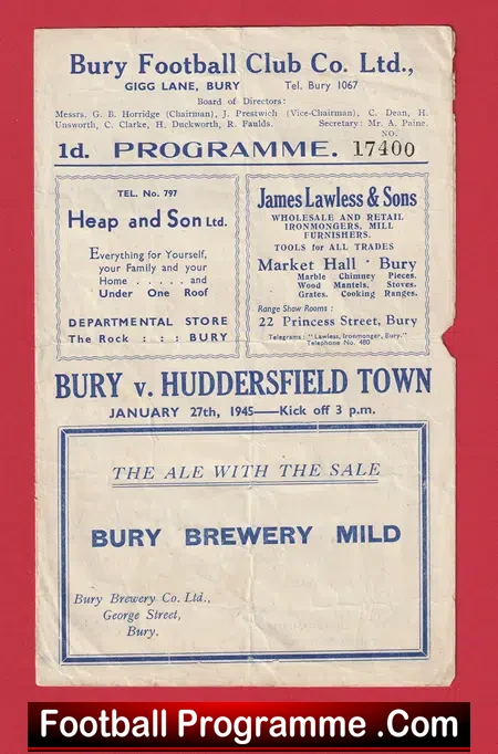 Bury v Huddersfield Town 1945 – 1940’s Programme