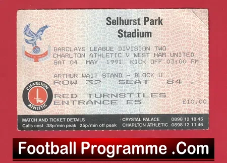 Charlton Athletic v West Ham United 1991 – Match Ticket