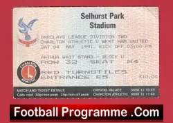 Charlton Athletic v West Ham United 1991 – Match Ticket