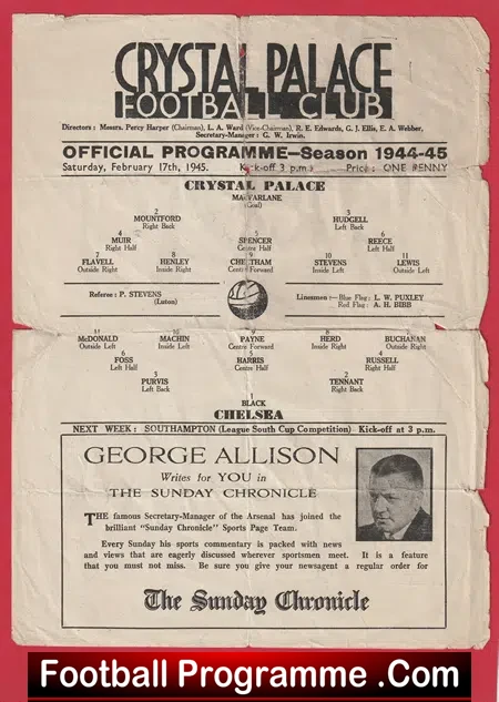 Crystal Palace v Chelsea 1945 - War Time Single Sheet Programme