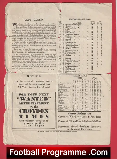 Crystal Palace v Chelsea 1945 - War Time Single Sheet Programme