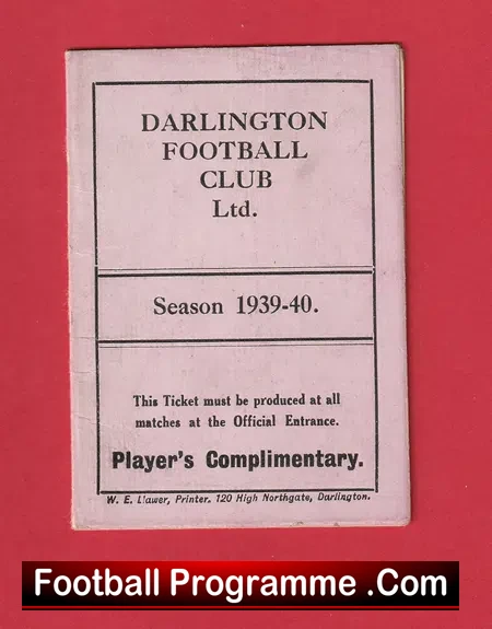 Darlington Football Club Players Pass Ticket 1939 – 1940
