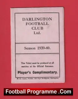 Darlington Football Club Players Pass Ticket 1939 – 1940