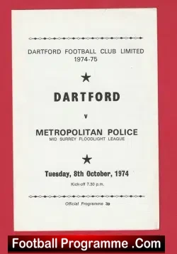 Dartford v Metropolitan Police 1974 - Met Police London Football - football programme