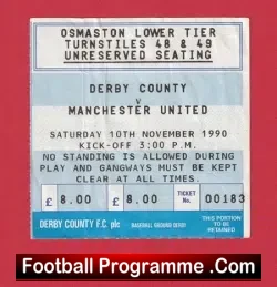 Derby County v Manchester United 1990 - Match Ticket - football memorabilia