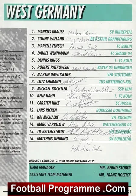 England v Germany 1991 - Multi Autographed SIGNED 14 Germans