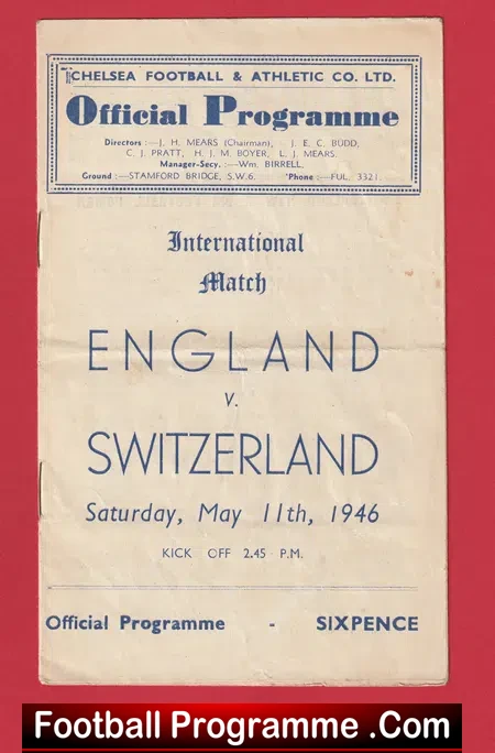 England v Switzerland 1946 – at Chelsea – Official Programme