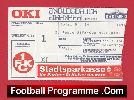 Kaiserslautern v Sheffield Wednesday 1992 – Match Ticket Germany